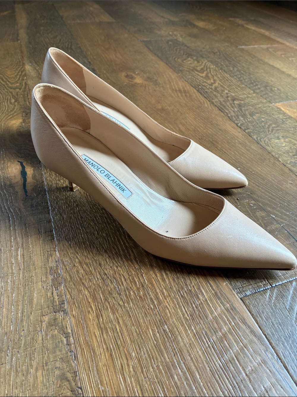 Manolo Blahnik Beige Pointed-Toe Kitten Heel Pumps